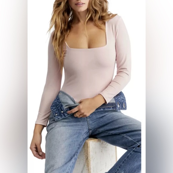 Free People Ballet Pink Long Sleeve Square Neck Bodysuit - Picture 1 of 4